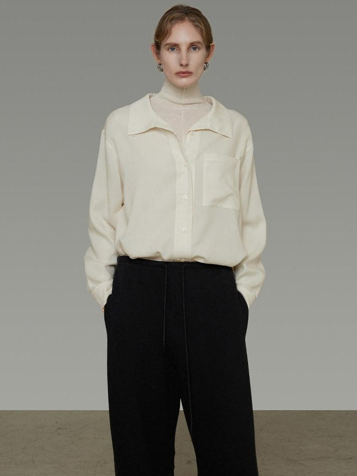 unspoken Breathable Lyocell Relaxed Button Collar Patch Pocket Women Beige Shirts