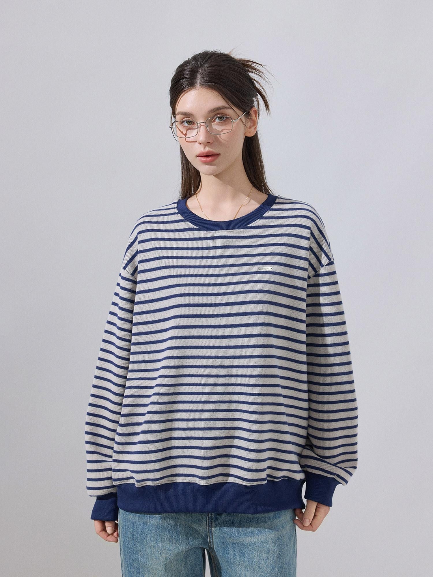 ikyou Soft Cotton Blend Loose Fit Striped Pullover Women Blue Gray Sweaters