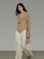 unspoken Slim Ruffle V-neck Bell Sleeve Knit Pullover Women Ginger Yellow Blouses