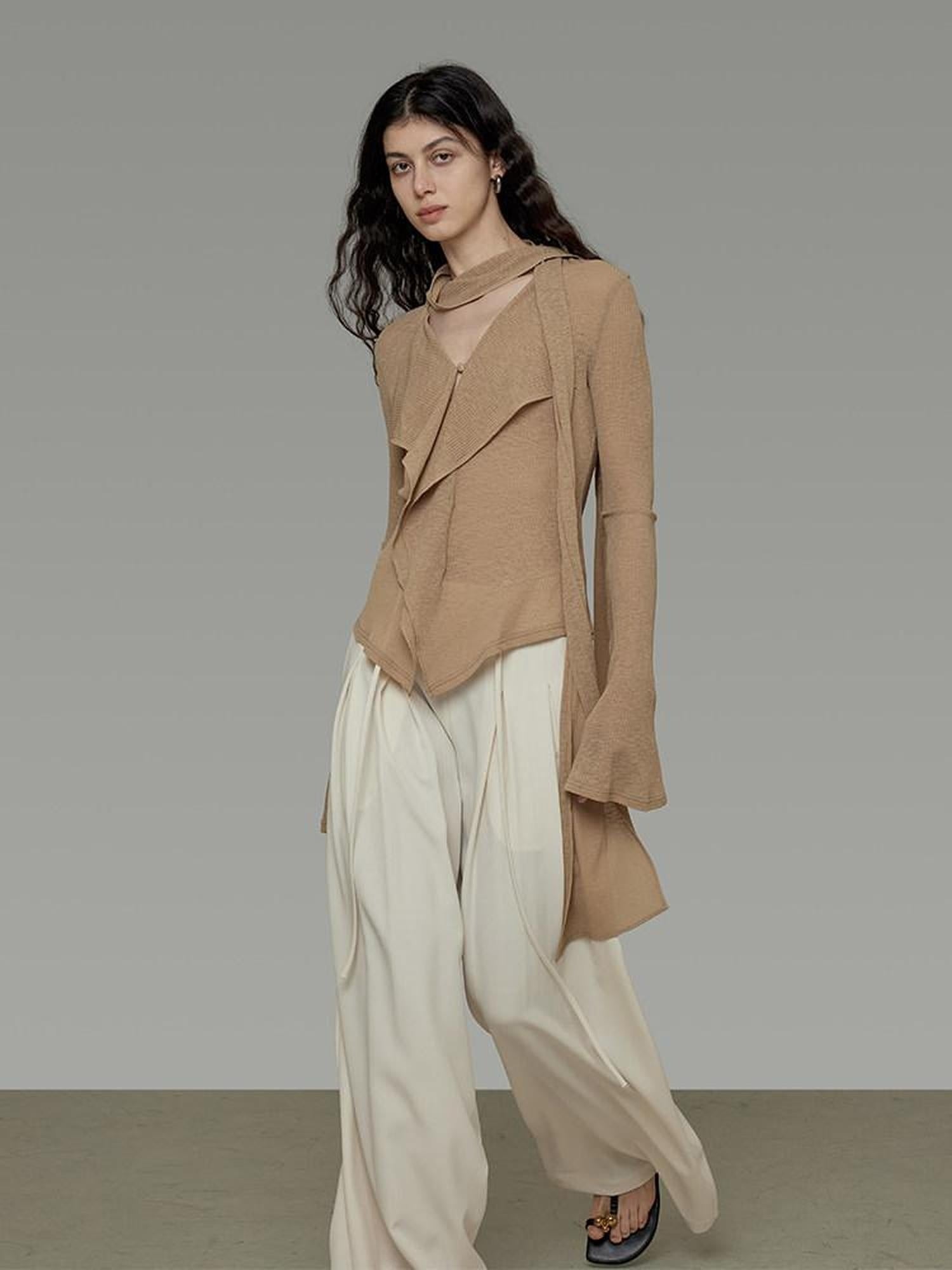 unspoken Slim Ruffle V-neck Bell Sleeve Knit Pullover Women Ginger Yellow Blouses