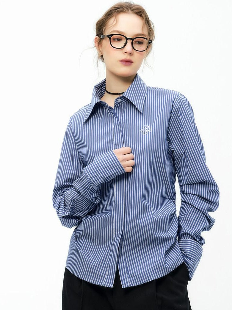 ikyou Embroidered Striped Slim Fit Commuter Long Sleeve Collared Cotton Shirts