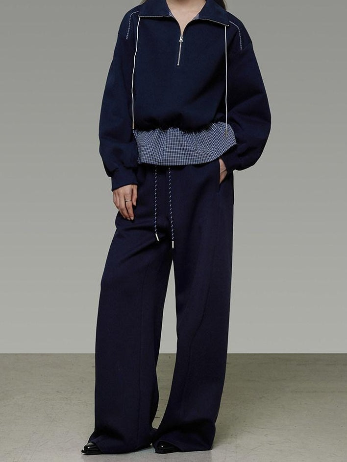 unspoken Breathable Soft Cotton Minimal Mid Rise Drawstring Navy Women Wide Leg Pants