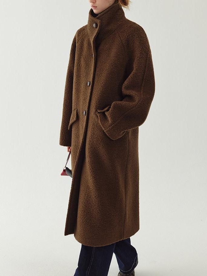 fano Soft Wool Blend Straight Cut Stand Collar Pockets Commuter Midlength Wool Coats