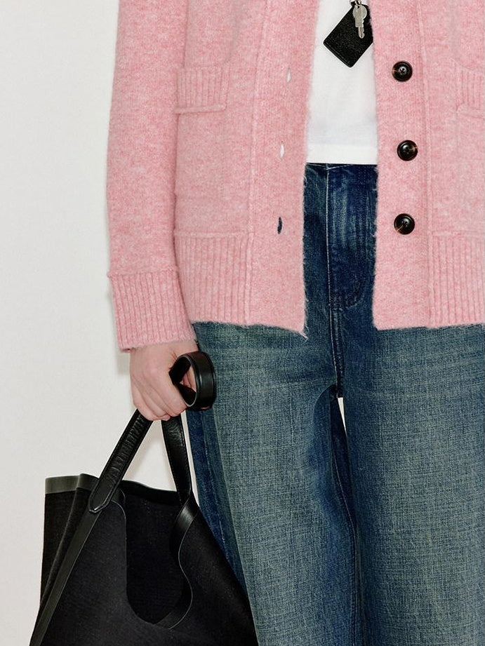 fano Thermal Warm Soft Knit Single Button Relaxed Fit Office Pink Cardigans