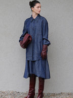 audreyyang Original Pleated Faux Denim Relaxed Buttoned Collared Girls Top & Skirt Sets