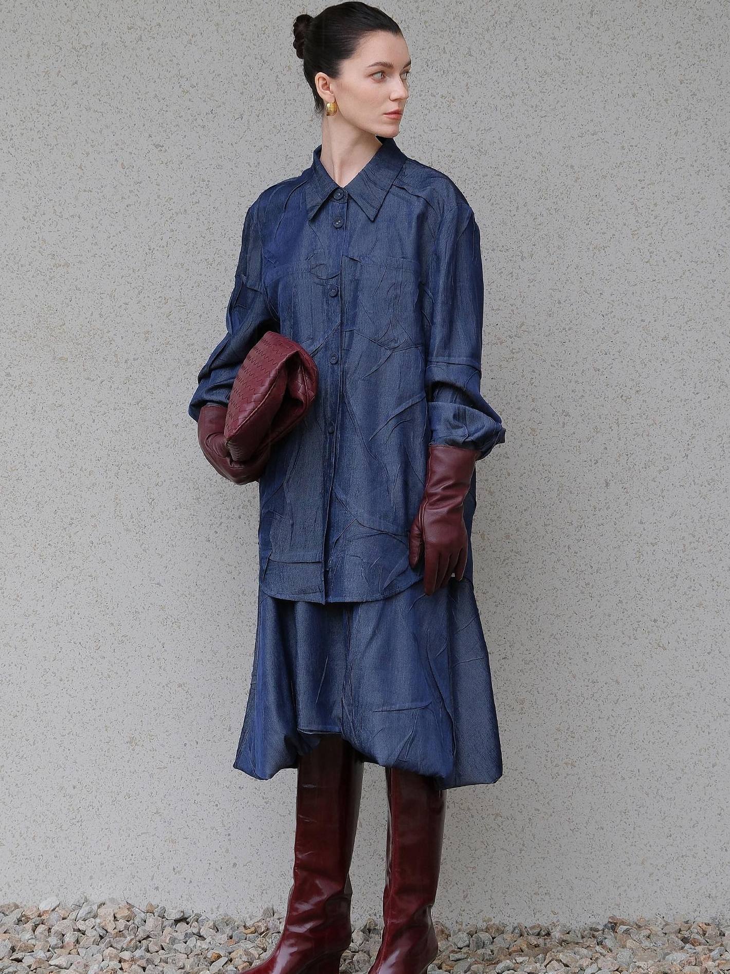 audreyyang Original Pleated Faux Denim Relaxed Buttoned Collared Girls Top & Skirt Sets