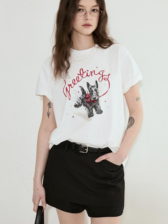 fano Cotton Blend Korean Loose Fit Crewneck Women White Printed Short Sleeve T-Shirts