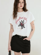 fano Cotton Blend Korean Loose Fit Crewneck Women White Printed Short Sleeve T-Shirts