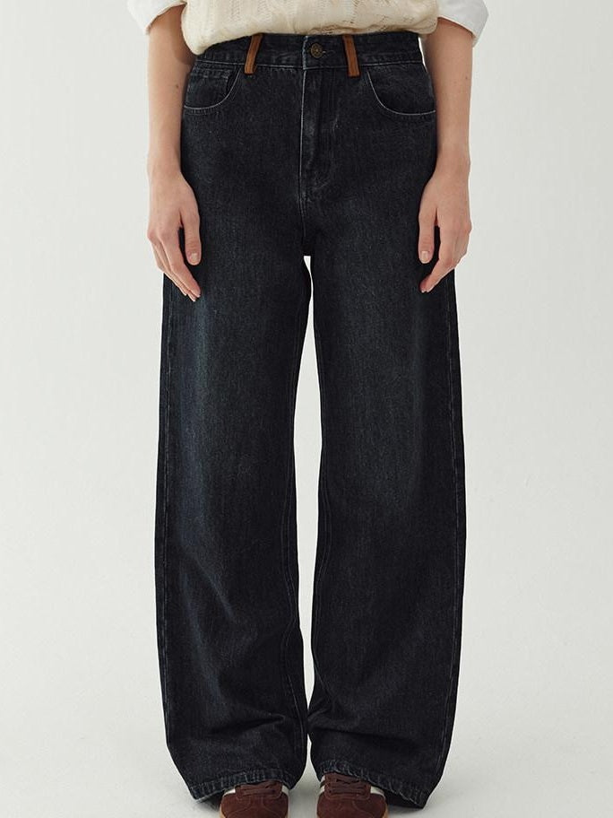 fano Washed Minimal Loose Natural Waist Raw Denim Youth Nonstretch Straight Leg Jeans