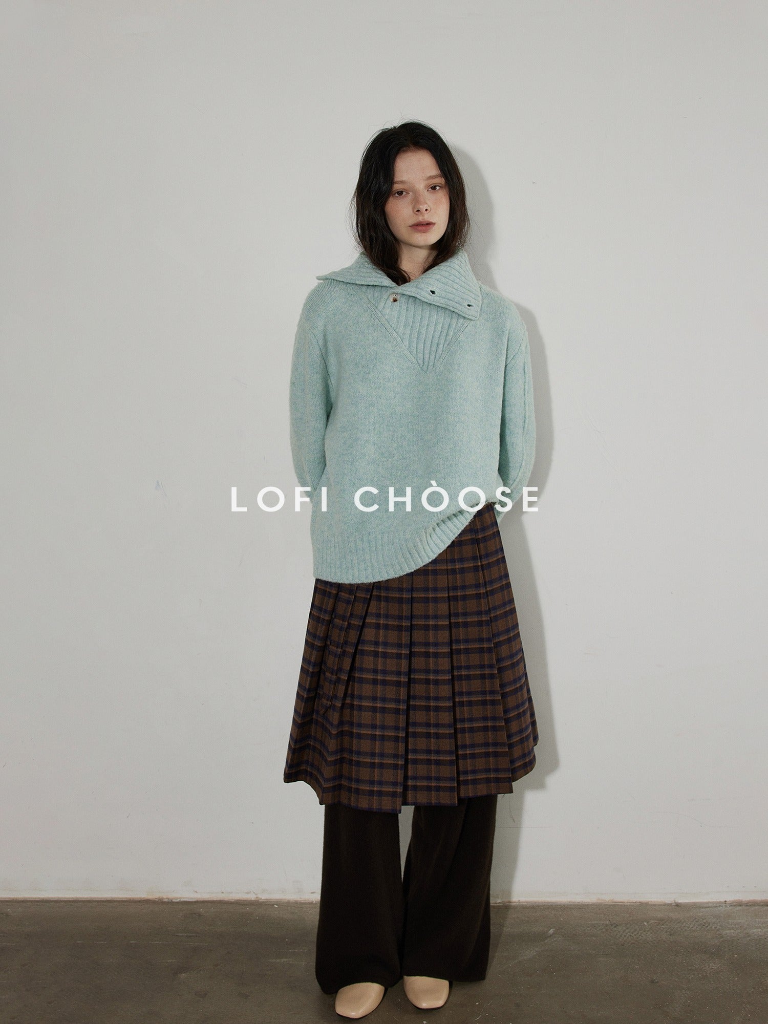 Lofi choose Cozy High Neck Loose Fit Commuter Knit Pullover Blue Polyester Sweaters