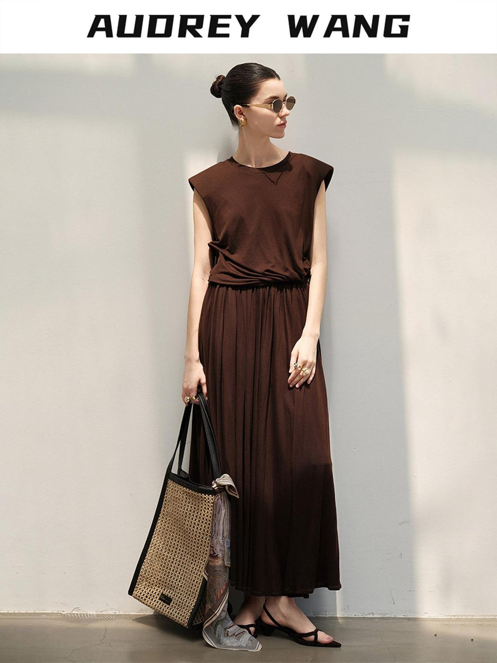 audreyyang Recycled Viscose French Chic Pleated Aline Two Piece Sleeveless Maxi Dresses