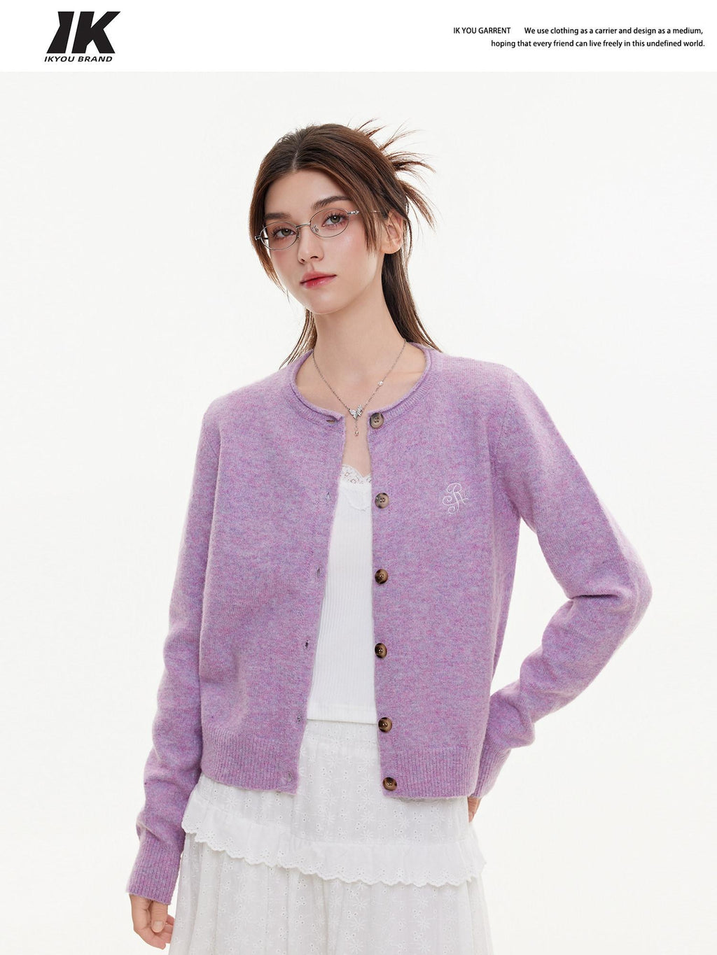 ikyou Eco Recycled Warm Commuter Loose Embroidered Knit Long Sleeve Purple Cardigans