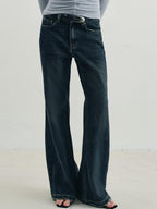 someonesometimes Vintage Washed Low Rise Distressed Denim Stretch Women Deep Indigo Flared Jeans