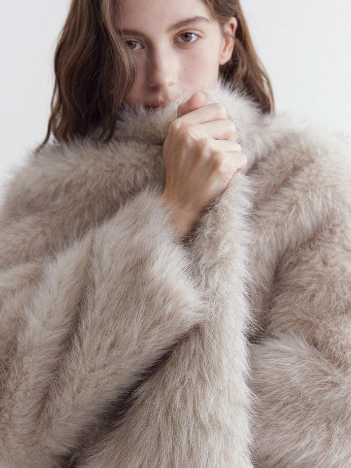 fano Warm Faux Fur Lined Oversized Stand Collar Casual Women Grey Apricot Short Coat