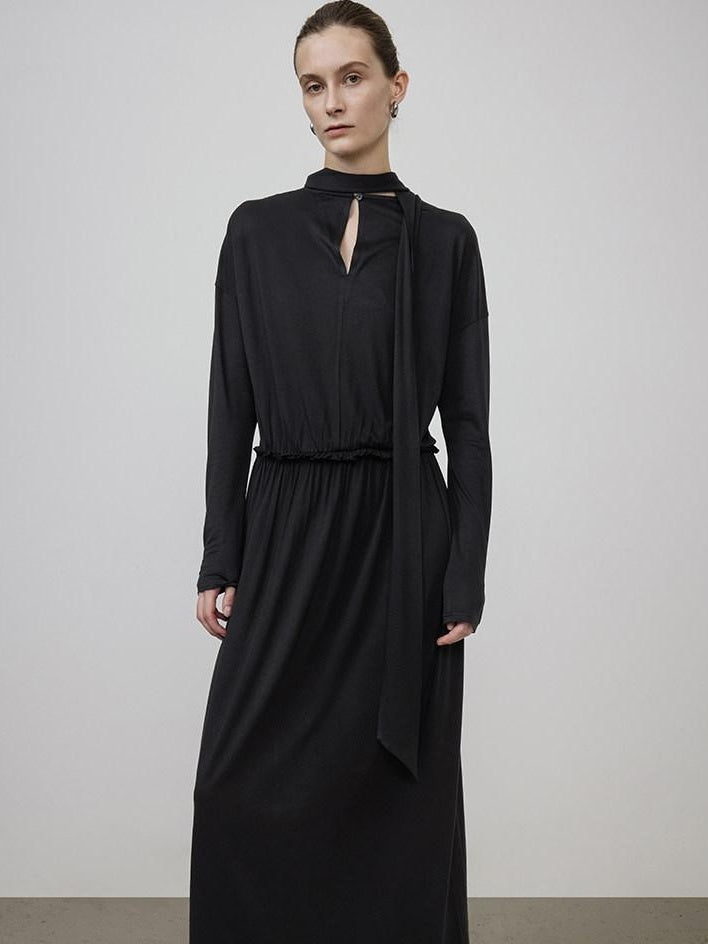 unspoken Minimal Office Pleated Round Neck Elastic Waist Long Sleeve Black Maxi Dresses