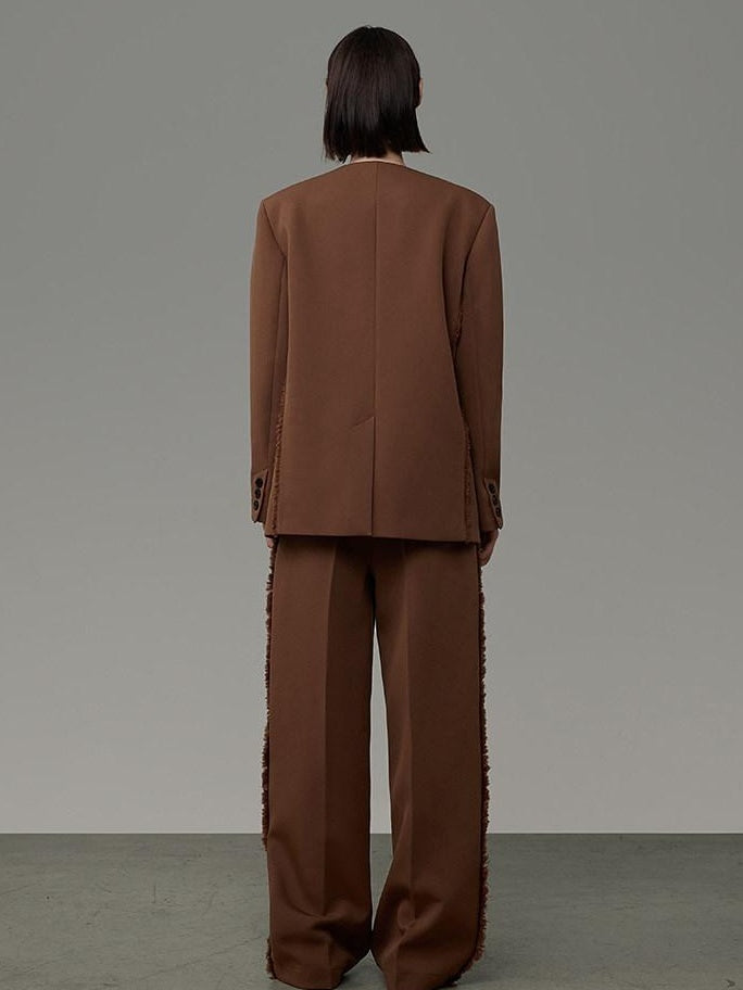 unspoken High Cotton Blend Minimalist Tailored Contrast Brown Black Women Top & Pants Sets