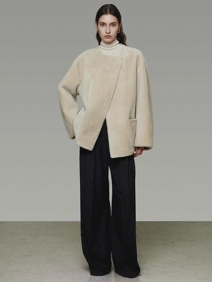 unspoken Warm Cream Collarless Minimalist Relaxed Fit Women Polyester Short Coat