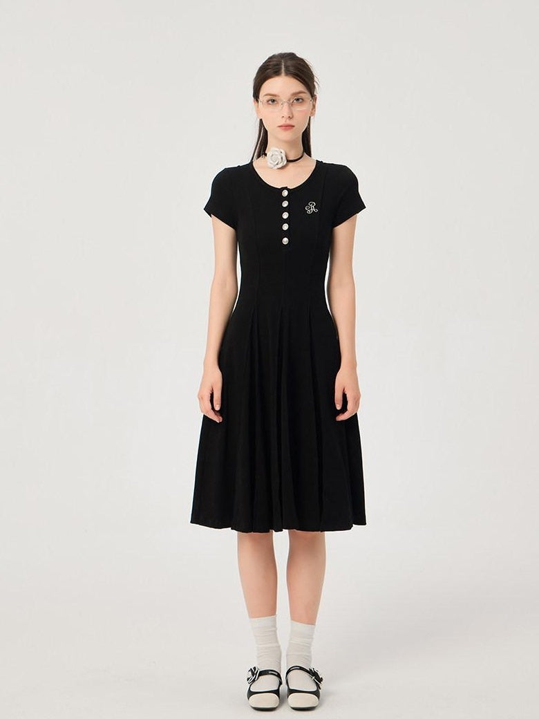 ikyou Soft Stretch Cotton Cinched Waist A Line U Neck Short Sleeve Black Maxi Dresses