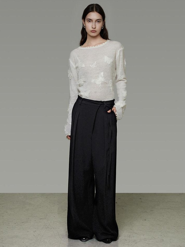 unspoken Breathable Knit Minimalist Relaxed Fit Butterfly Round Neck White Blouses