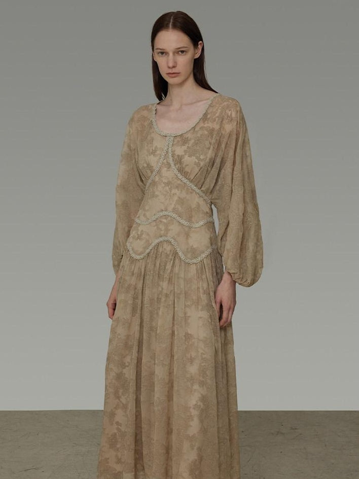 unspoken Casual Jacquard A Line Natural Waist Long Sleeve U Neck Khaki Women Maxi Dresses