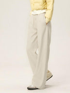 ikyou Embroidered High Waist Minimalist Office Beige Elastic Waist Wide Leg Pants