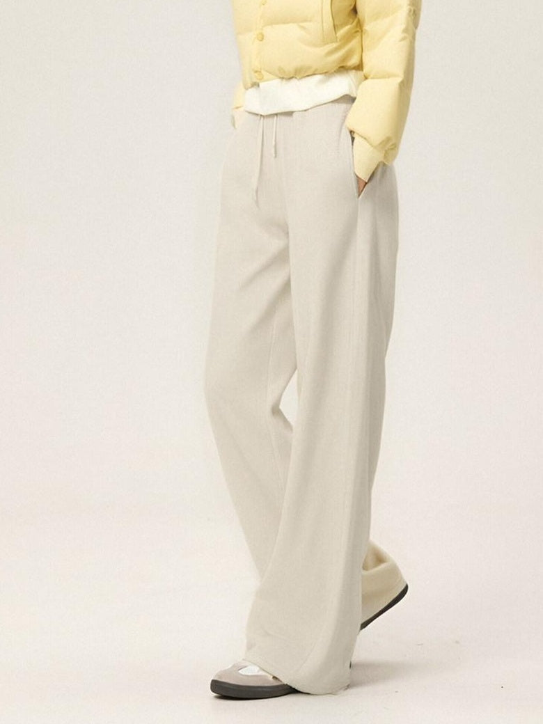 ikyou Embroidered High Waist Minimalist Office Beige Elastic Waist Wide Leg Pants