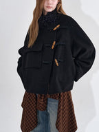 fano Soft Wool Blend Korean Oversized Lapel Collar Women Office Black Solid Short Coat