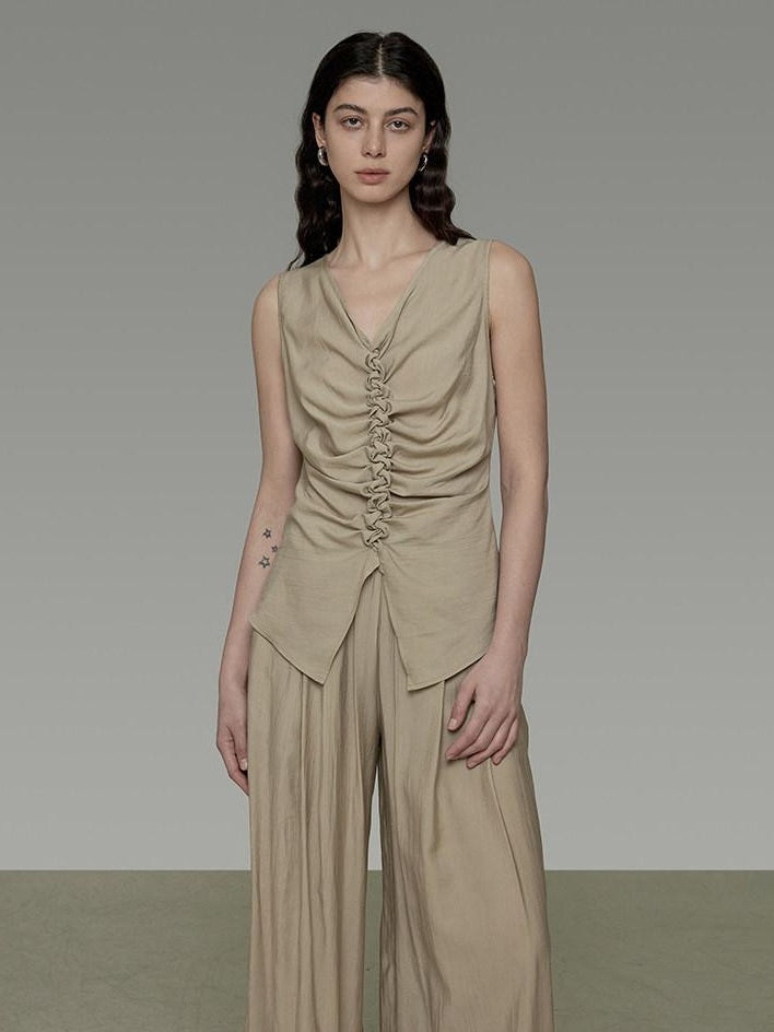 unspoken Ruched Soft Viscose Loose Workwear Women Khaki Solid Off Shoulder Crop Tops