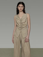unspoken Ruched Soft Viscose Loose Workwear Women Khaki Solid Off Shoulder Crop Tops