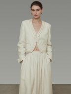 unspoken Cropped V-neck Blazer Tailored Slim High Waist Cotton Office Top & Skirt Sets