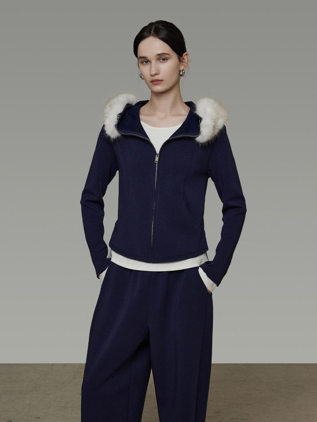 unspoken Warm Slim Fit Zip Hooded Cardigan High Waist Commuter Polyester Navy Lounge Sets