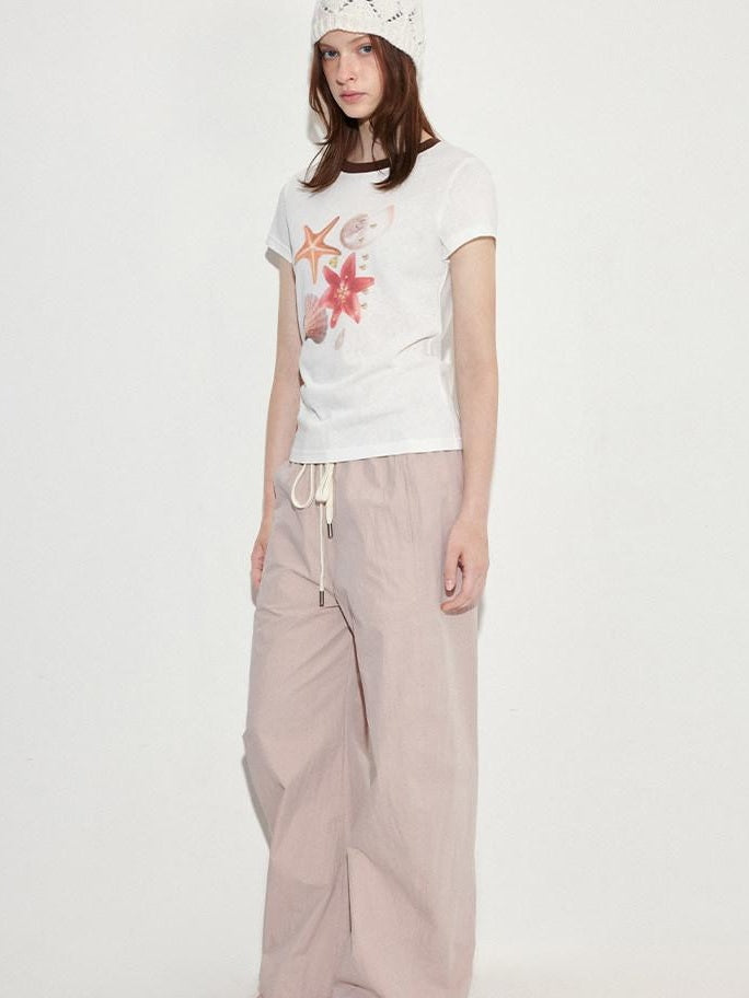 fano Pink Cotton Blend Drawstring Natural Waist Loose Korean Office Wide Leg Pants