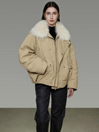 unspoken 90% White Duck Down Fur Collar Loose Commuter Khaki Zip Lapel Down Jackets