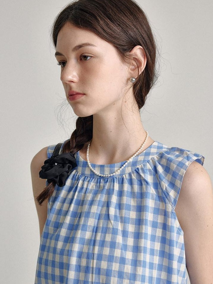 fano 100 Percent Cotton Round Neck Blue White Gingham Top & Skirt Sets