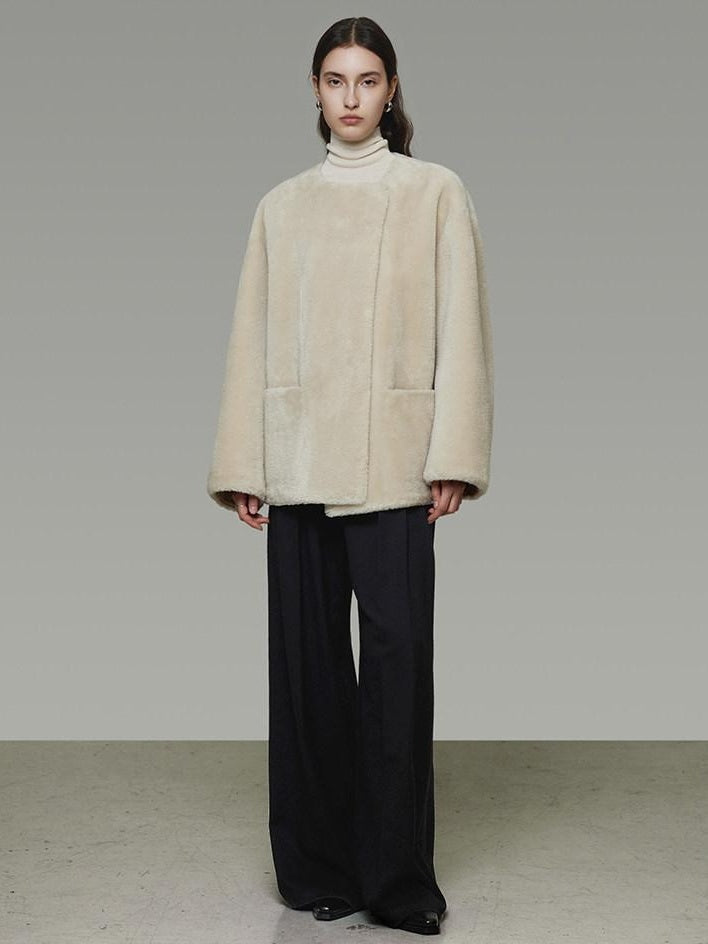 unspoken Warm Cream Collarless Minimalist Relaxed Fit Women Polyester Short Coat