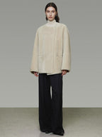 unspoken Warm Cream Collarless Minimalist Relaxed Fit Women Polyester Short Coat