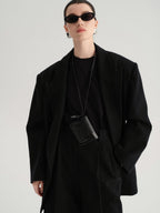 audreyyang Cotton Linen Casual Loose Double Breasted Womens Commuter Black Blazers