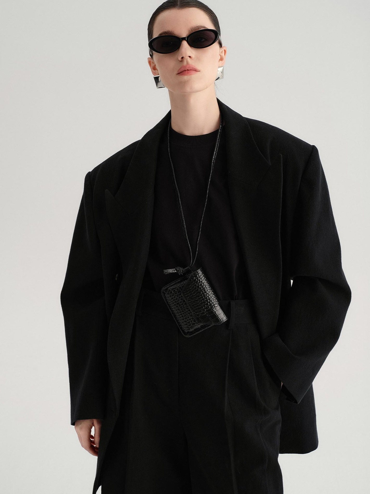 audreyyang Cotton Linen Casual Loose Double Breasted Womens Commuter Black Blazers