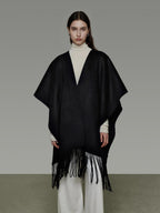 unspoken Pure Sheepswool Fringed Cape Commuter Women Structured Black Wool Coats