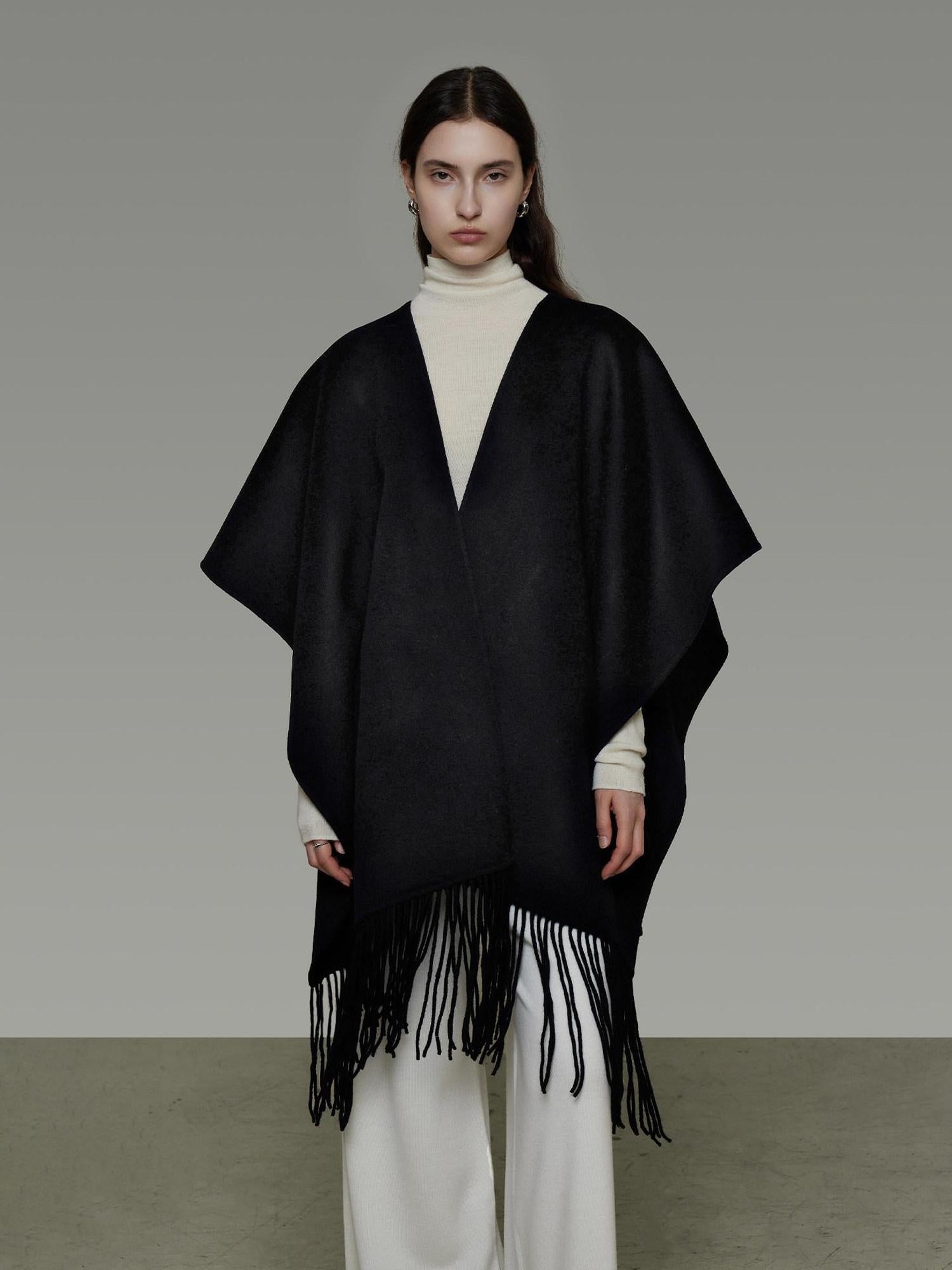 unspoken Pure Sheepswool Fringed Cape Commuter Women Structured Black Wool Coats