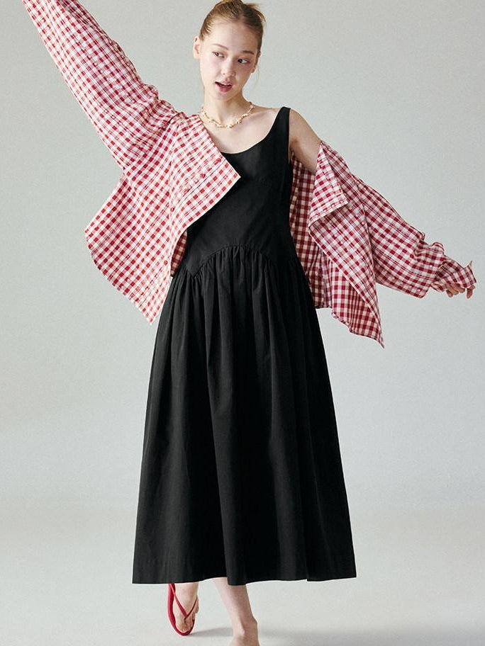 fano Pure Cotton U Neck Sleeveless A Line Korean Office Dress Women Black Maxi Dresses