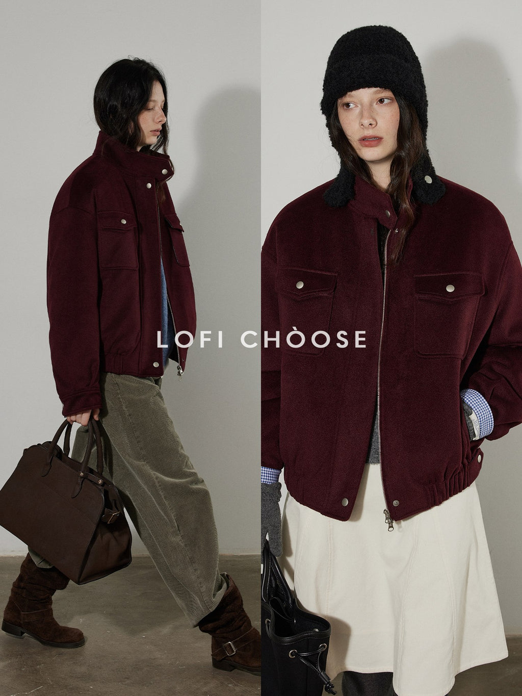Lofi choose Insulated Cotton Padded Thick Red Stand Collar Loose Fit Commuter Bomber Jackets