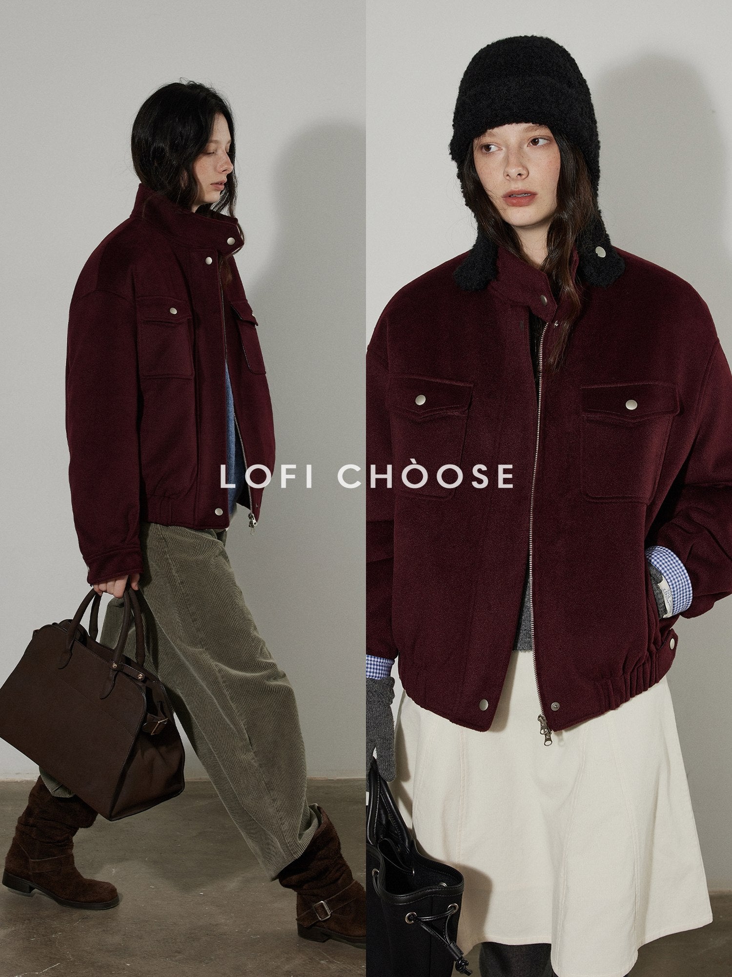 Lofi choose Insulated Cotton Padded Thick Red Stand Collar Loose Fit Commuter Bomber Jackets