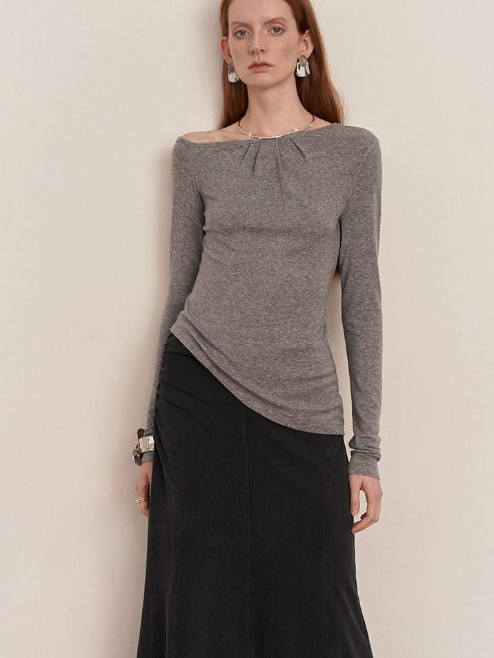 someone sometimes Lyocell Wool Blend Lightweight Asymmetric Neck Slim Casual Long Sleeve T-Shirts