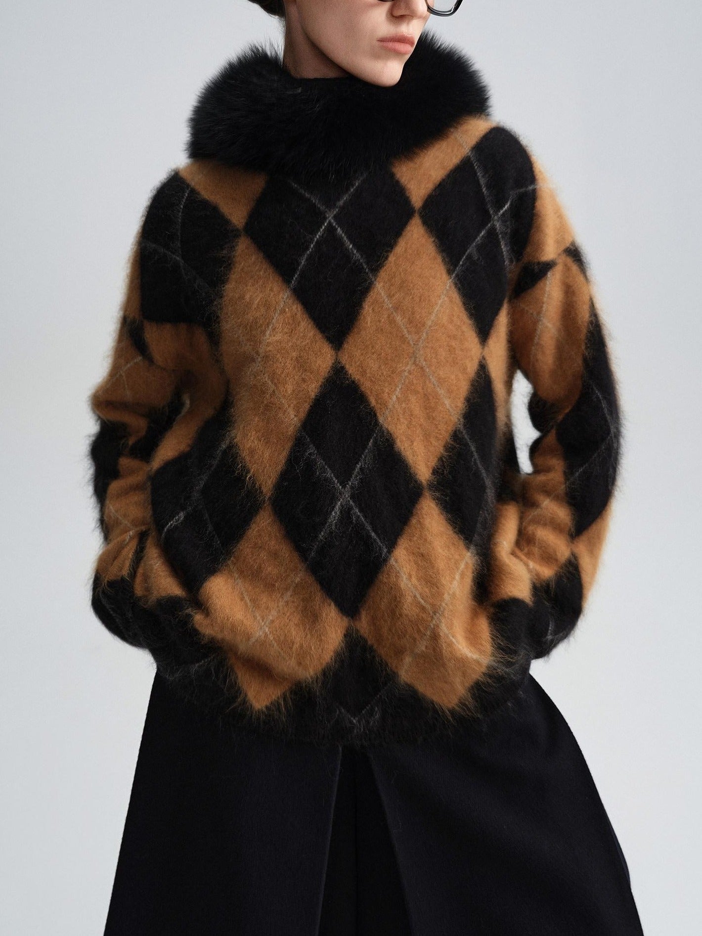 audreyyang Thick Wool Cashmere Vintage Straight Fit Brown Diamond Knit Women Sweaters
