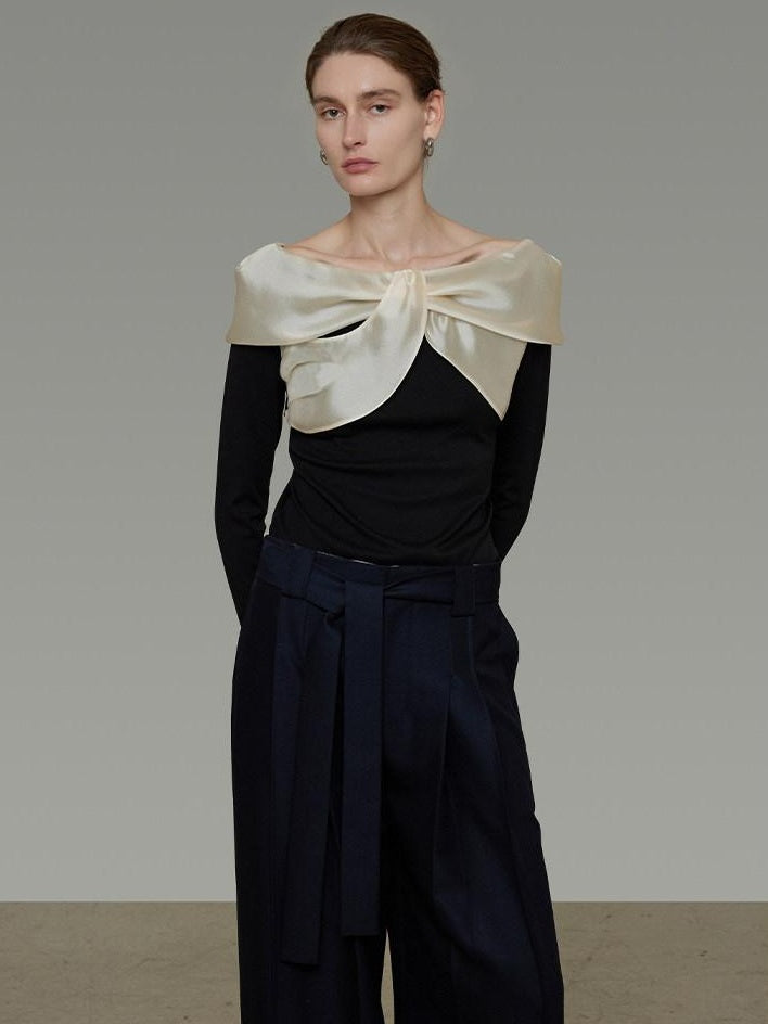 unspoken Elegant Slim Fit Knitted Contrast Bow Off Shoulder Long Sleeve Women Blouses