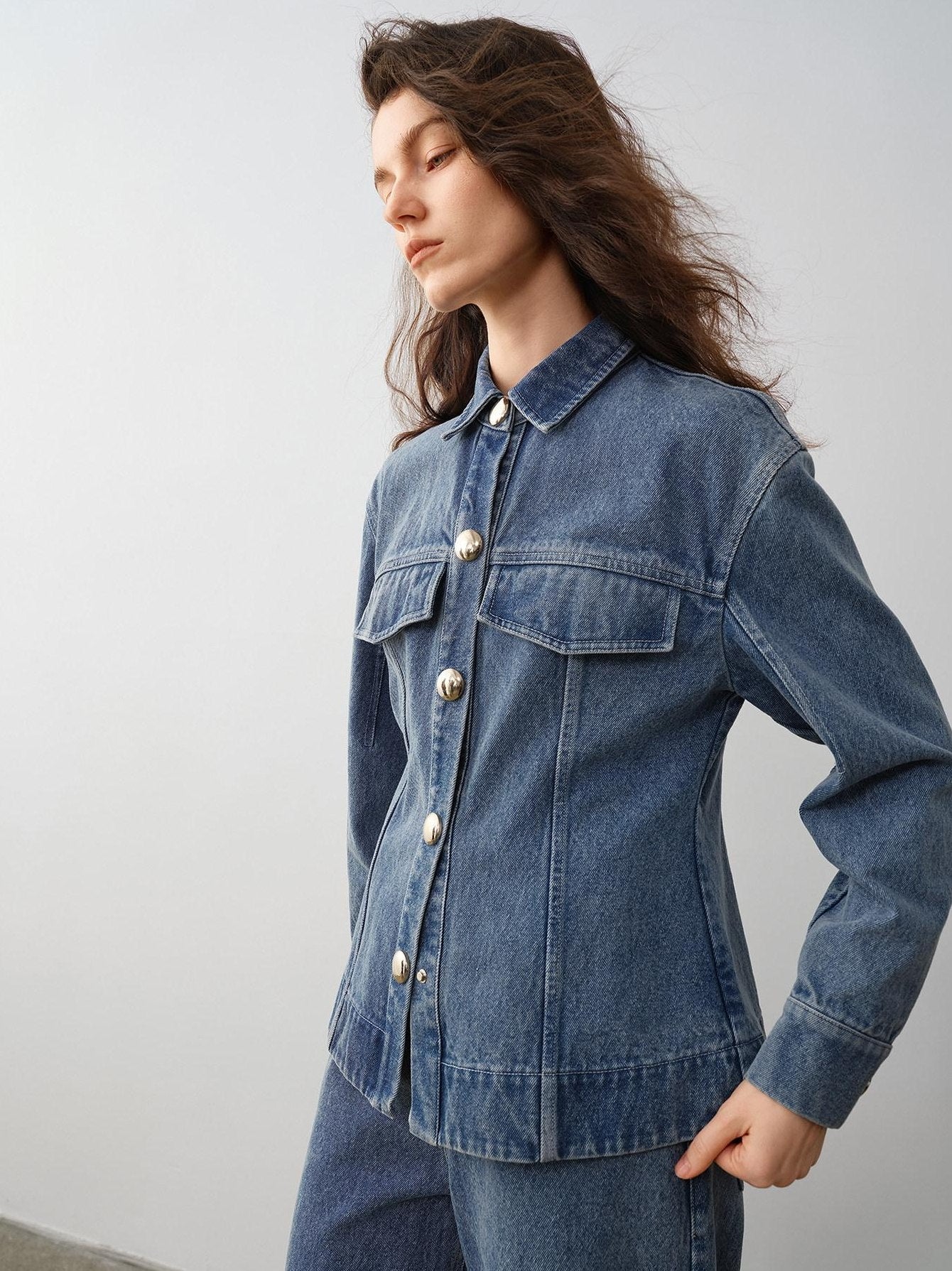 audreyyang 100% Cotton Vintage Loose Fit Button Long Sleeve Denim Women Top & Pants Sets