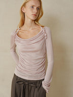 someonesometimes Lyocell Blend Slim Ruched Bell Sleeve Mauve Drape Neck Long Sleeve T-Shirts