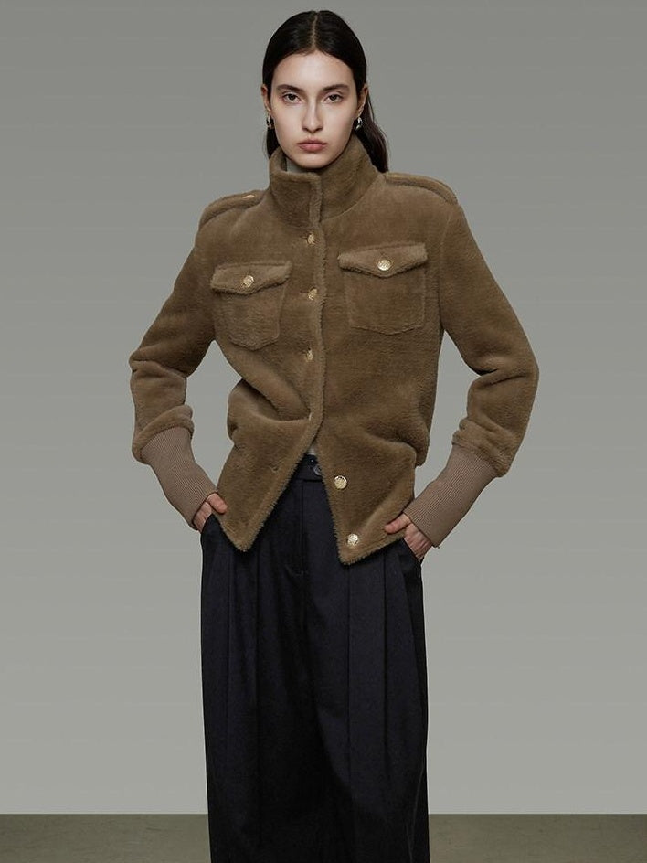 unspoken Thick Warm Stand Collar Slim Fit Minimal Office Brown Nylon Blend Short Coat