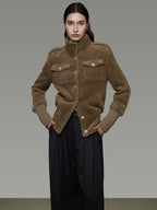 unspoken Thick Warm Stand Collar Slim Fit Minimal Office Brown Nylon Blend Short Coat
